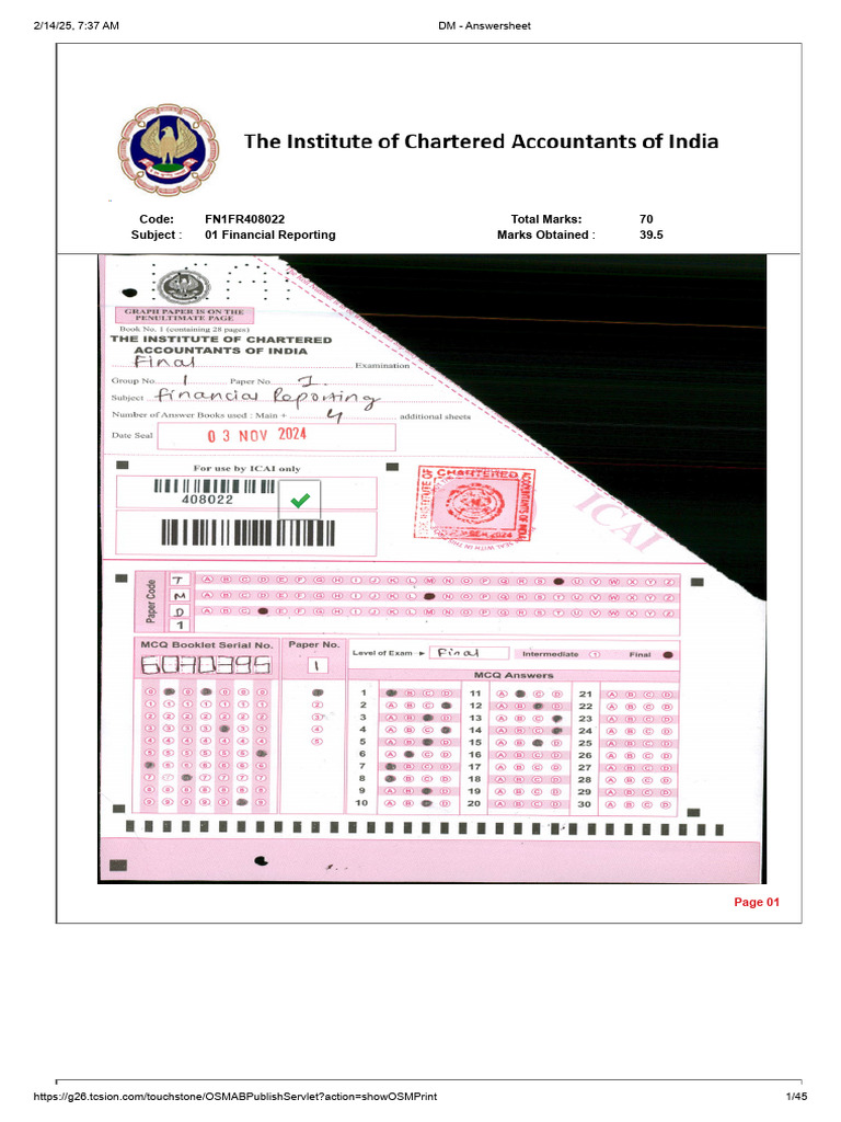 Code: FN1FR408022 Total Marks: 70 Subject 01 Financial Reporting Marks ...