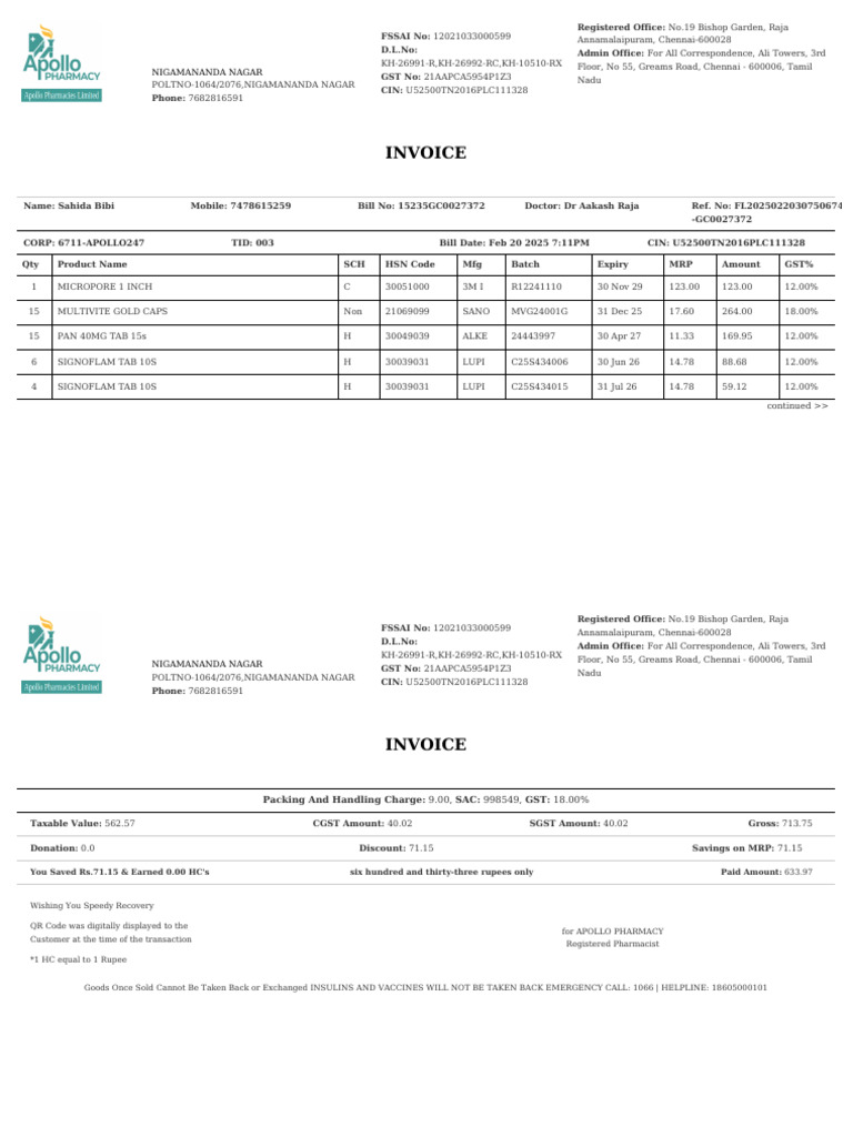 Apollo Pharmacy Invoice Details | PDF | Government Finances | Taxes