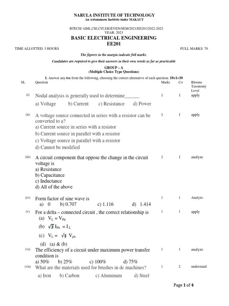 EE201 Basic Electrical Engineering Exam | PDF | Series And Parallel ...