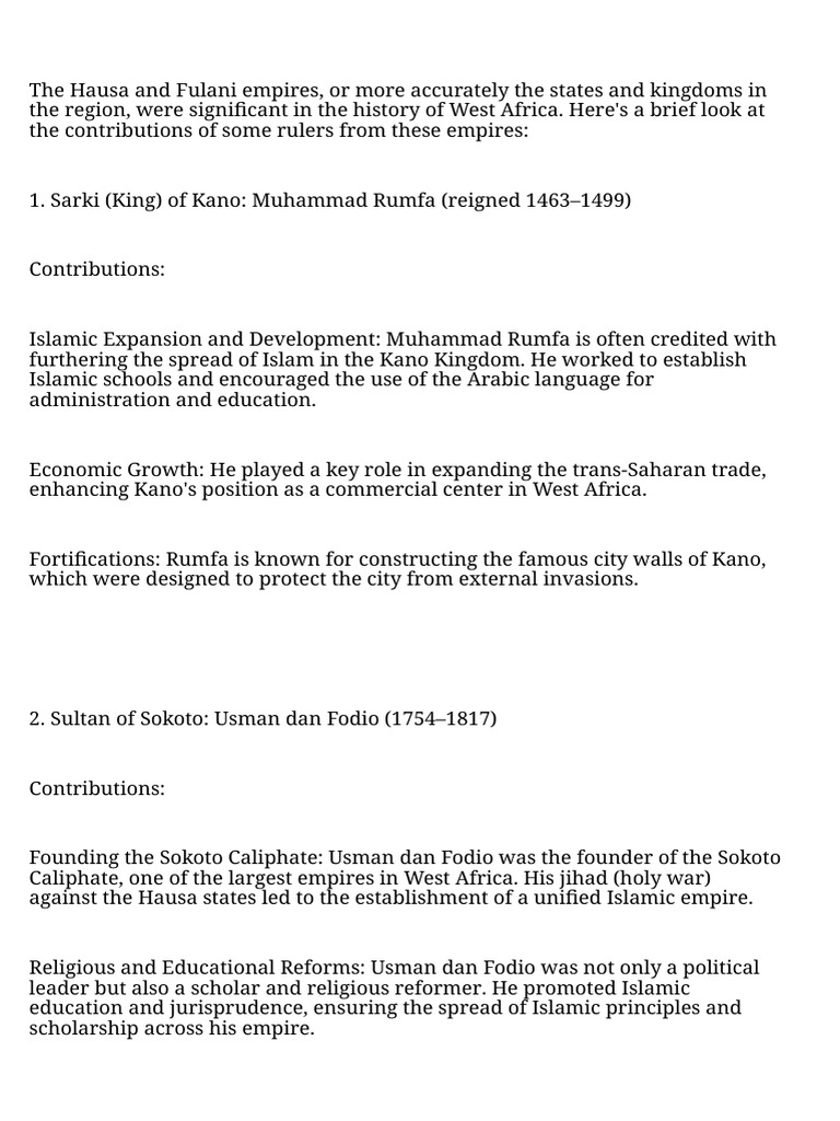 Contribution of Some Rulers of The Hausa & Fulani Empire | PDF