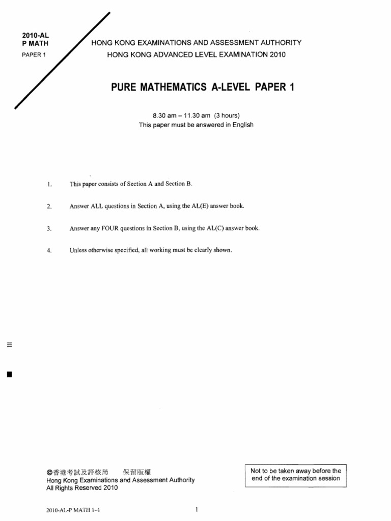 HK A-Level Pure Math Exam | PDF | Equations | System Of Linear Equations