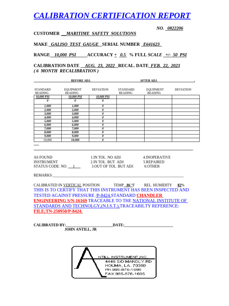Calibration Certification Report 0822206 | PDF