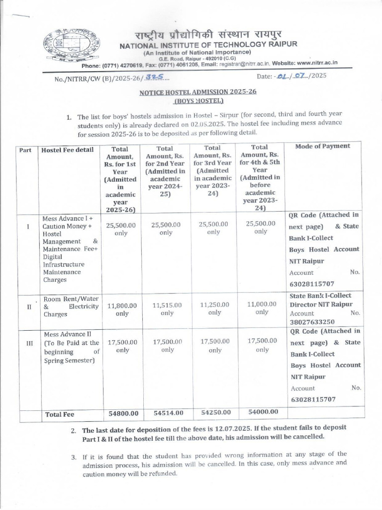 Hostel Admission Fee Notice For Session 2025-26 | PDF