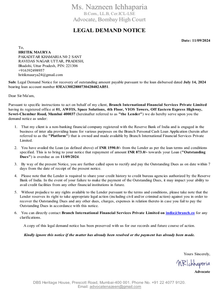 Legal Demand Notice to Hritik Maurya | PDF | Loans | Debt