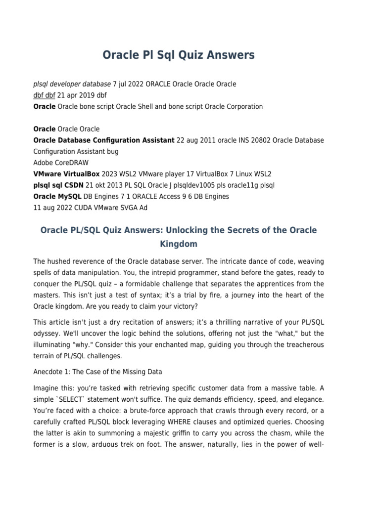 PL/SQL Quiz Answers and Insights | PDF | Pl/Sql | Databases