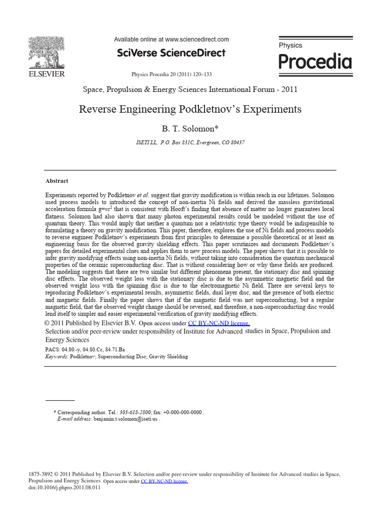 Reverse Engineering Podkletnov's Experiments - Solomon | PDF | Field ...