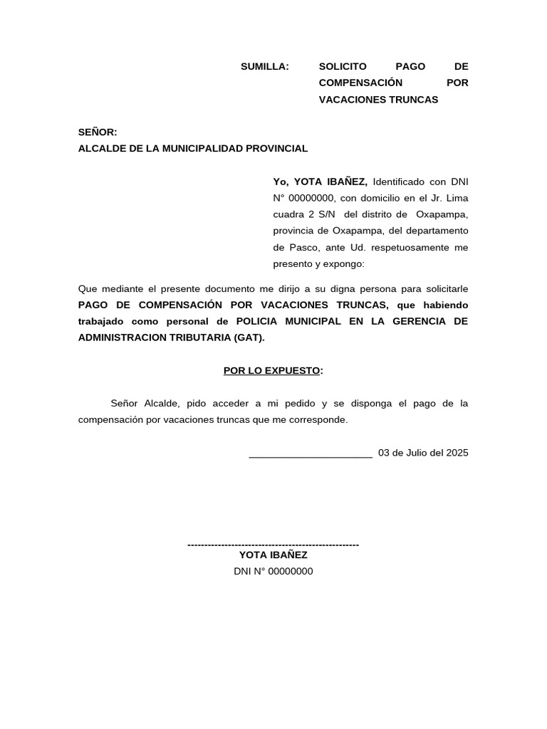 Solicitud de Pago por Vacaciones Truncas | PDF