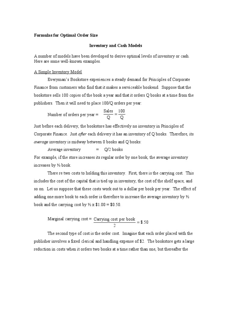 Formulas for Optimal Order Size Inventory Variance