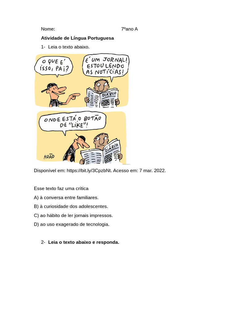 Interpretação de Tirinhas para 7º Ano | PDF