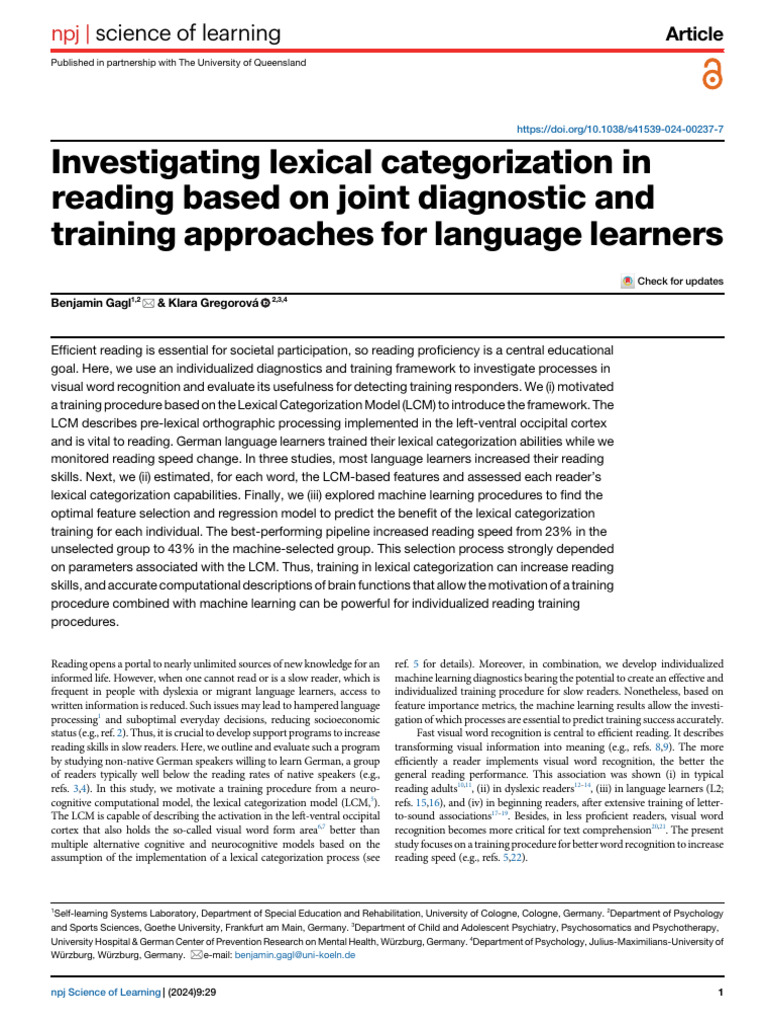 Lexical Training for Reading Speed Improvement | PDF | Dyslexia ...