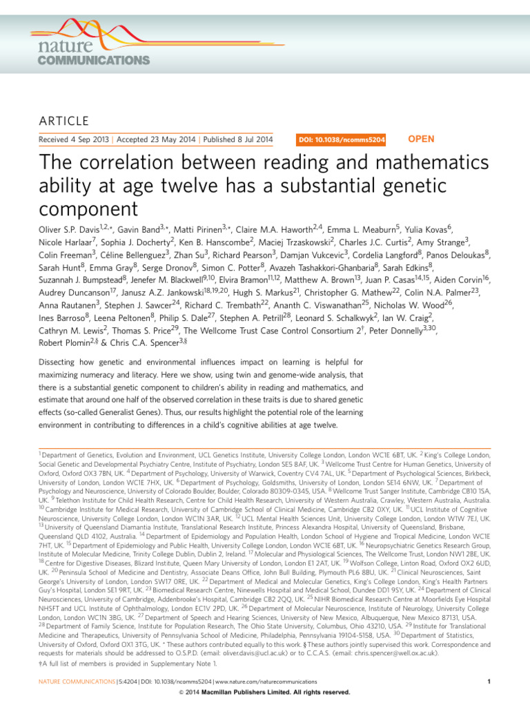 Genetic Links Between Reading and Math | PDF | Heritability | Genome ...