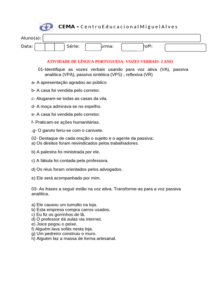 Atividades de Vozes Verbais - 2º Ano | PDF | Assunto (gramática) | Sintaxe