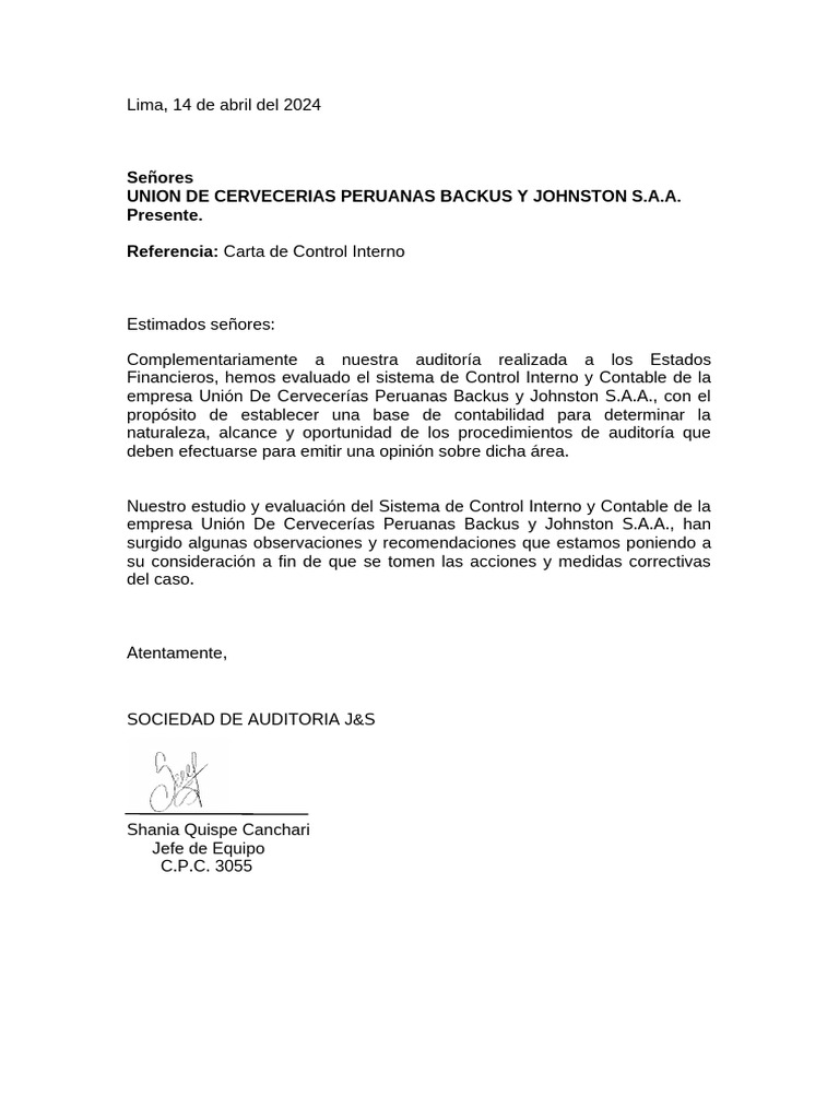 Informe de Control Interno en Backus 2023 | PDF | Auditoría | Contabilidad