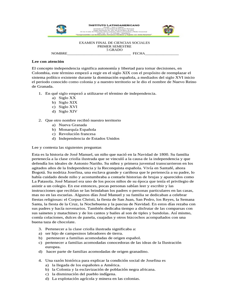 Examen Final de Ciencias Sociales 5° Grado | PDF | Biología Celular ...