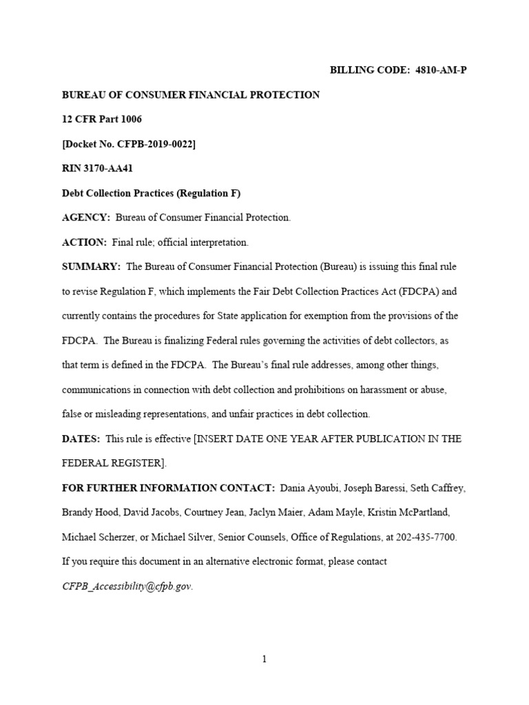 Debt Collection Practices (Regulation F) - Final Rule | PDF | Debt ...