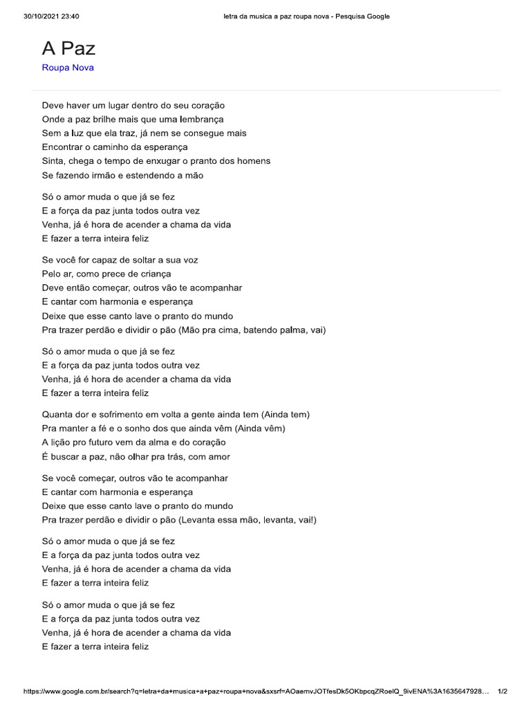 Letra Da Musica A Paz Roupa Nova | PDF
