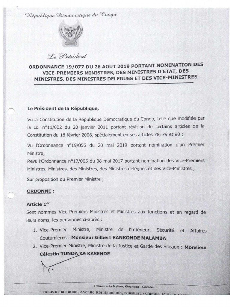 ORD N°19-077 Du 26 AOUT 2019 Portant Nomination Des Vices-Premiers, Des ...