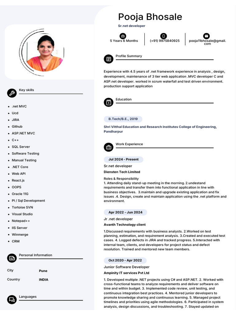 Pooja Bhosale: Senior .NET Developer Profile | PDF | Banks | Online Banking