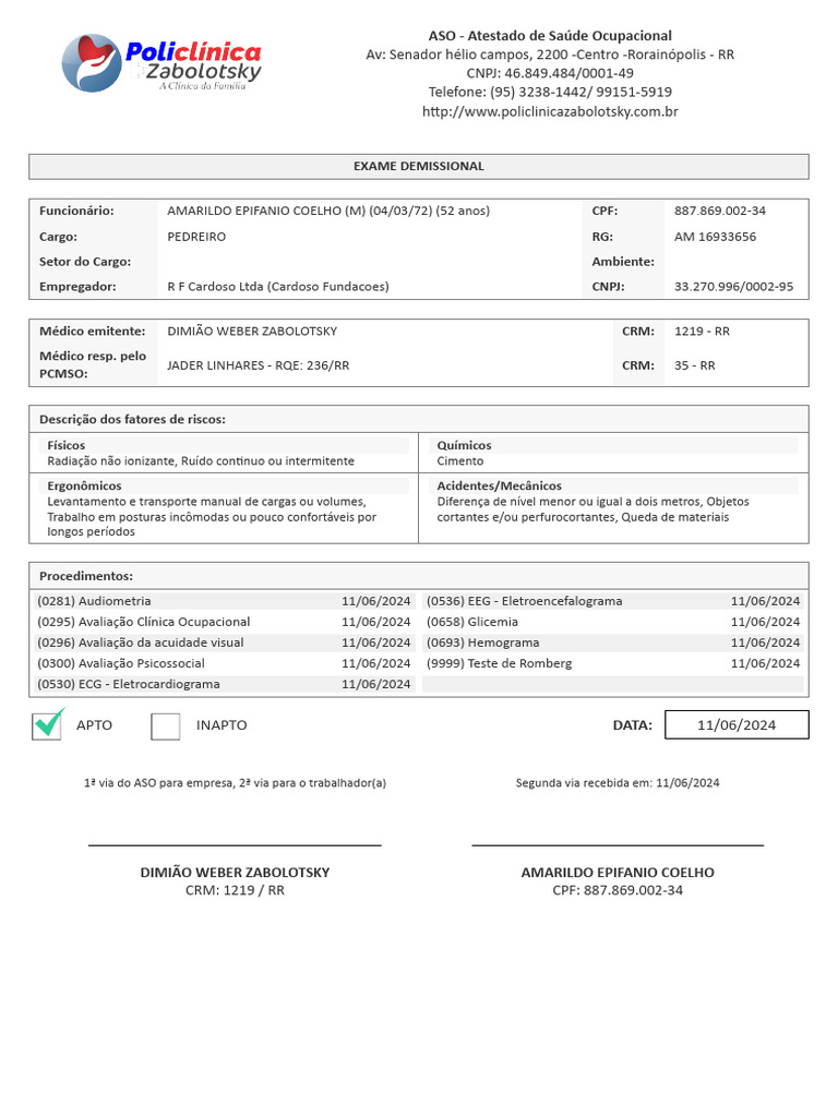 Atestado de Saúde Ocupacional - ASO | PDF | Medicina Clínica ...