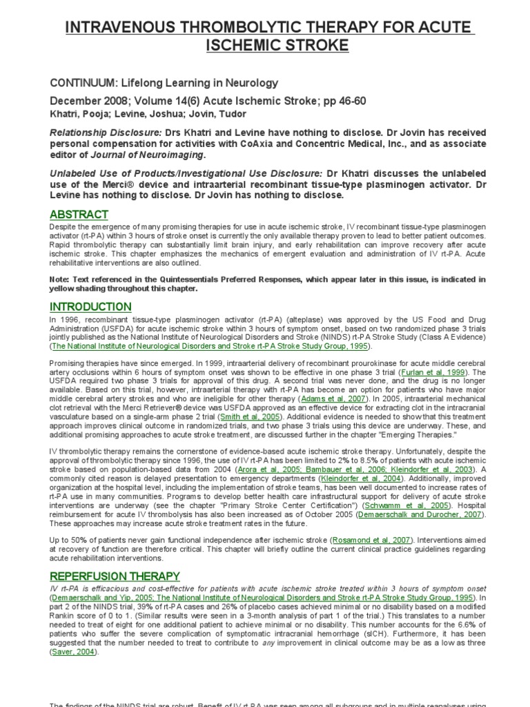 Intravenous Thrombolytic Therapy For Acute Ischemic Stroke | PDF ...