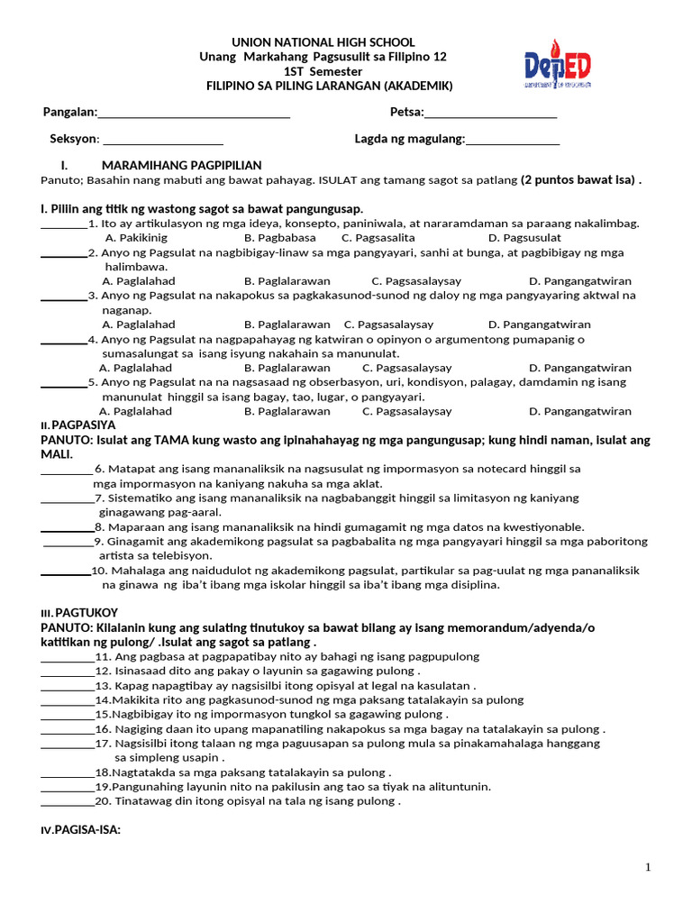 1st Summative Exam in Filipino Sa Piling Larangan | PDF
