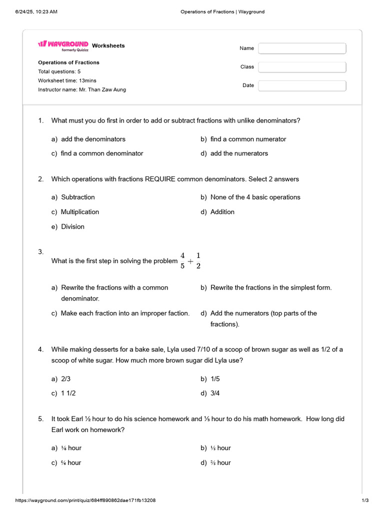 Operations of Fractions Worksheet | PDF | Mathematical Notation ...