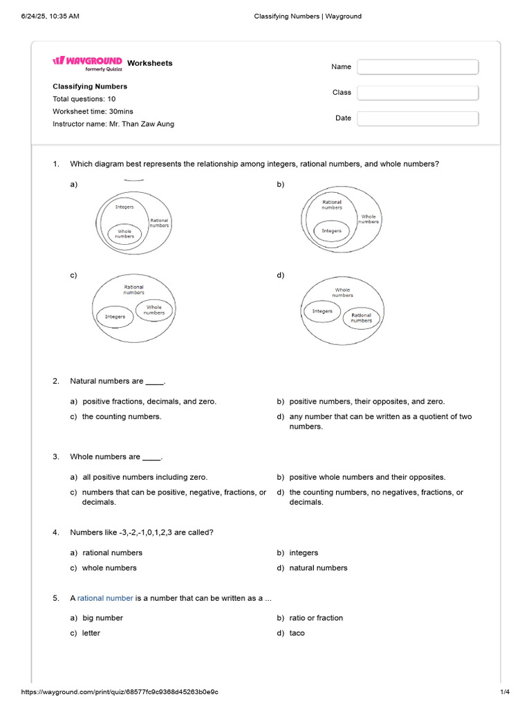 Classifying Numbers - Wayground | PDF | Numbers | Rational Number