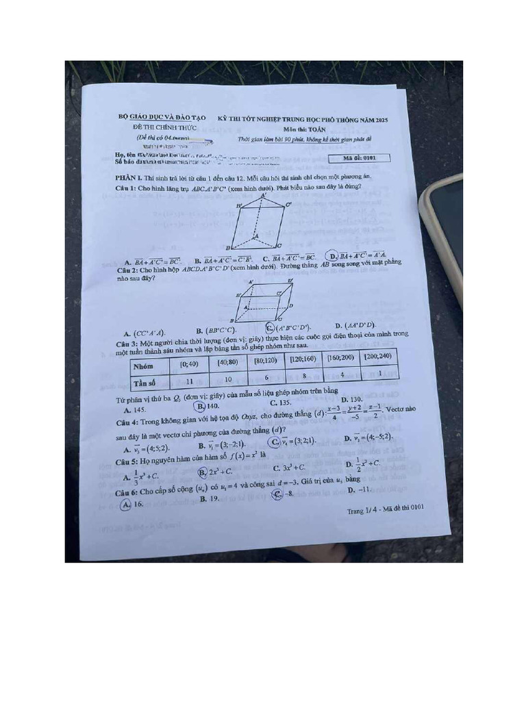Đề Toán thi THPT 2025 - ma 0101 | PDF