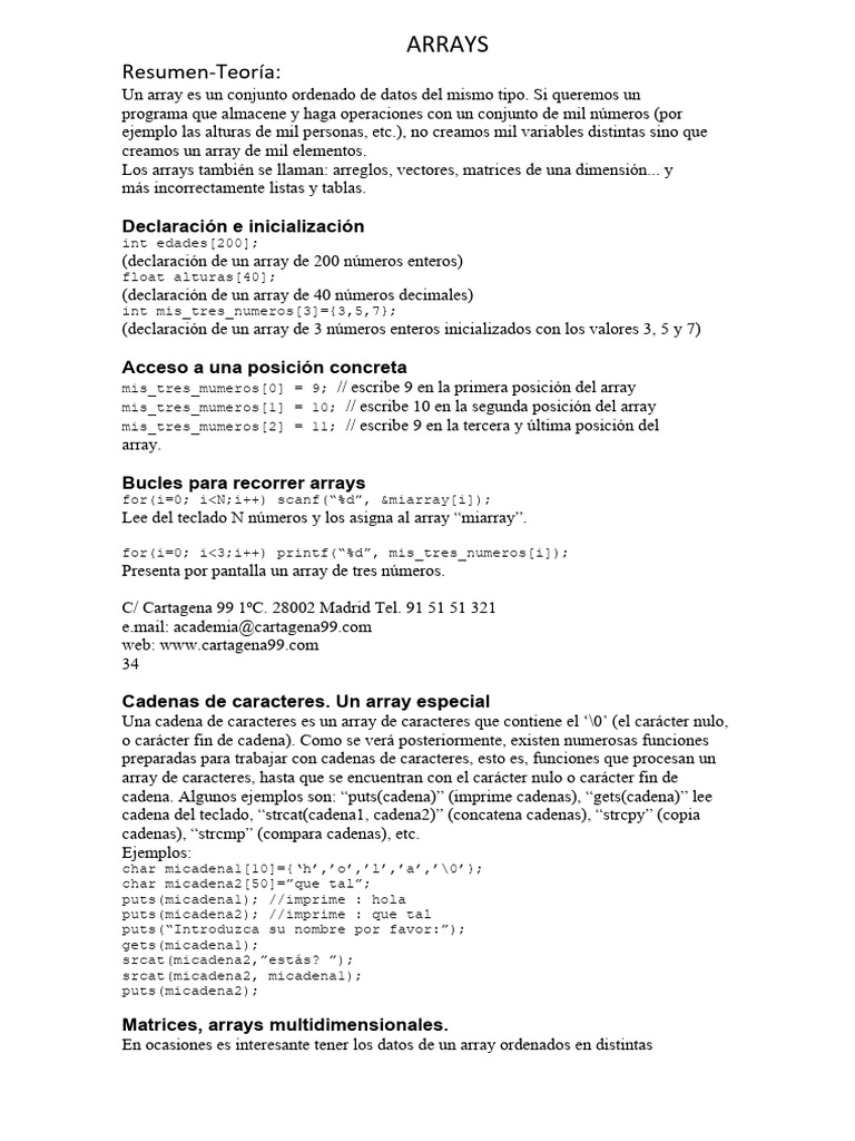 Materia Arrays - Funciones y Mas en Lenguaje C | PDF | Puntero ...