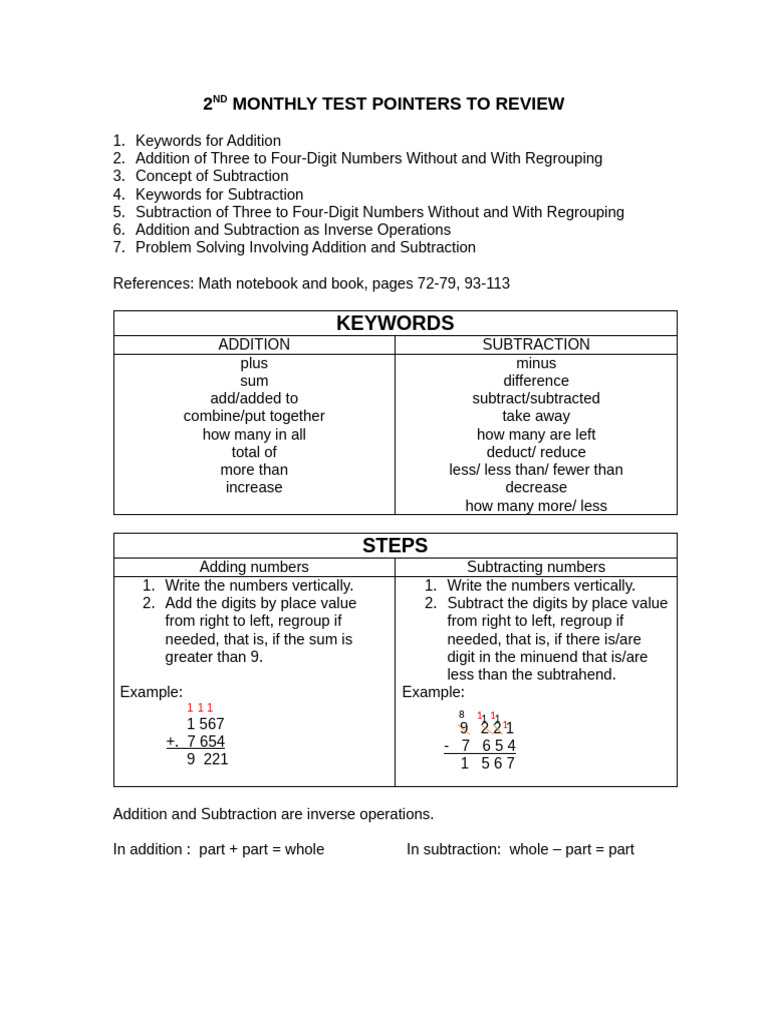 Pointers To Review in Math 2nd Montly Test | PDF | Subtraction | Arithmetic