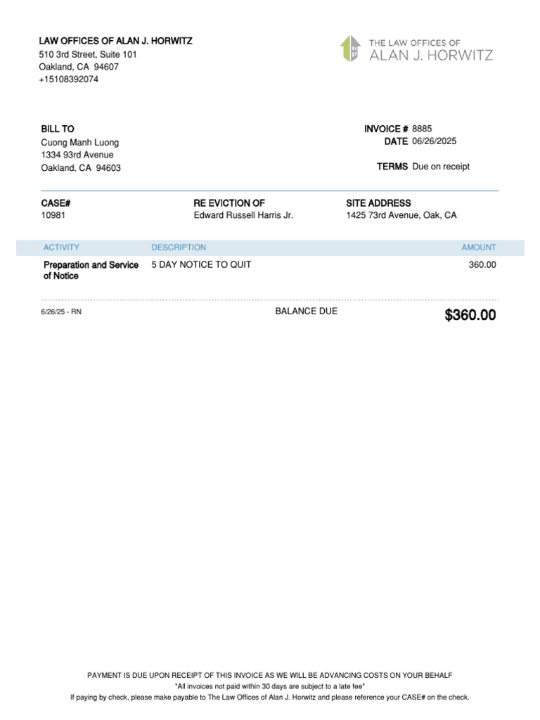 Invoice #8885 for Legal Services Due | PDF