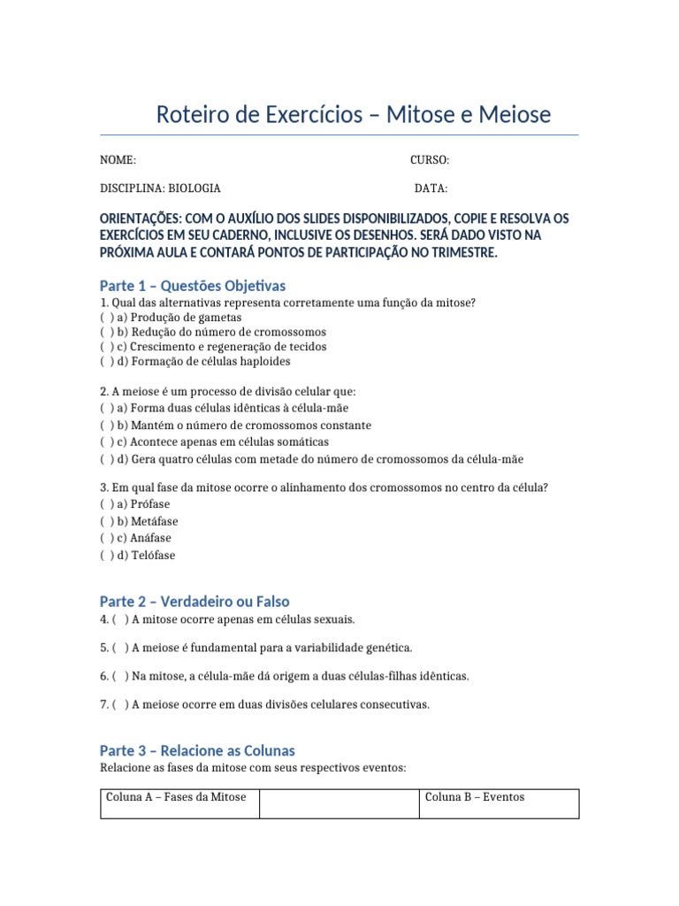 Exercícios sobre Mitose e Meiose | PDF | Meiose | Mitose