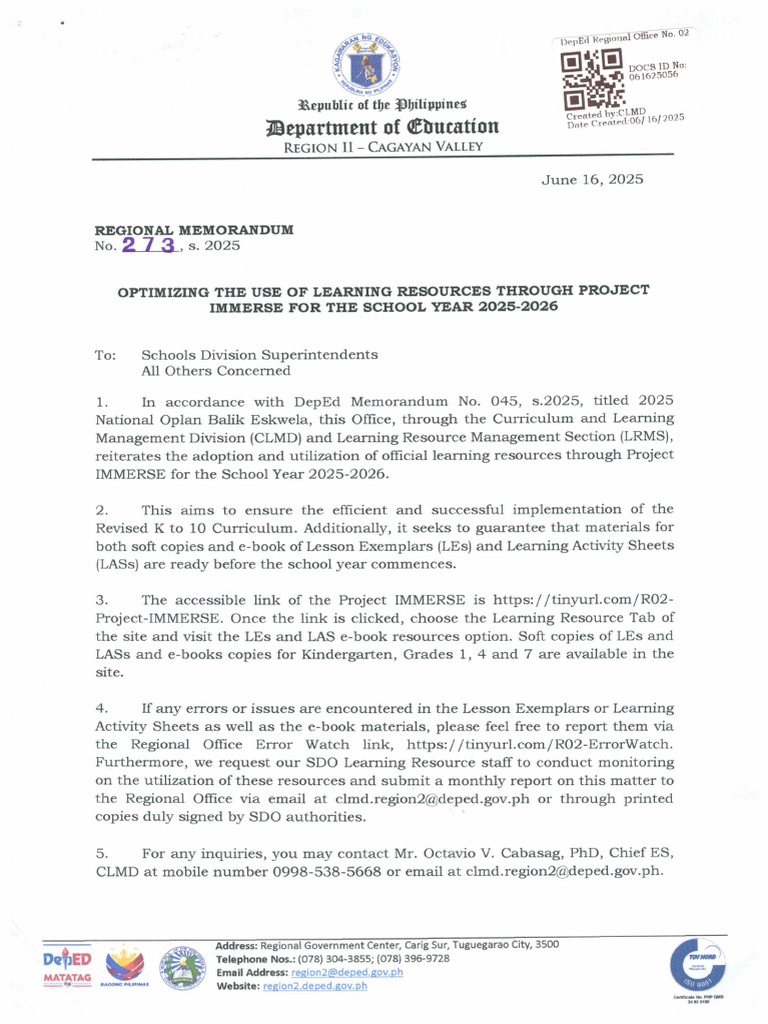 Regional Memorandum No. 273 S. 2025 Optimizing The Use of Learning ...