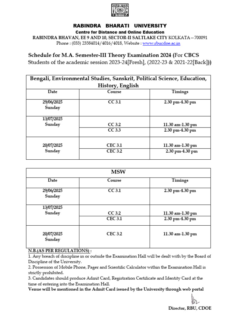 M.A. Semester-III Exam Schedule 2024 | PDF