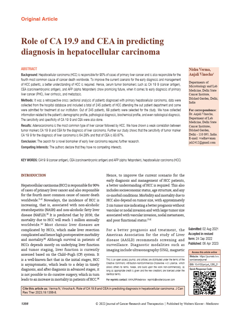 Role of CA 19 9 and Cea in Predicting Diagnosis In.43 | PDF | Medical ...