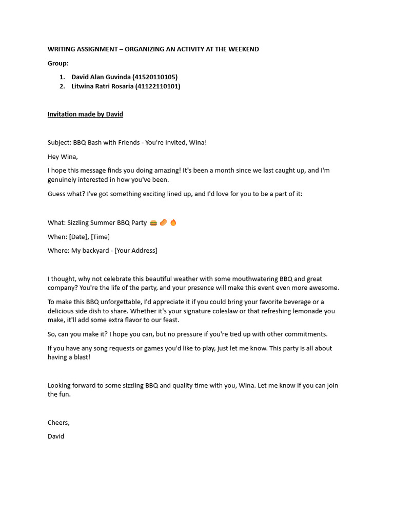 Cu302 Sabtu (14.30) Writing Assignment - Invitation (David Alan and ...
