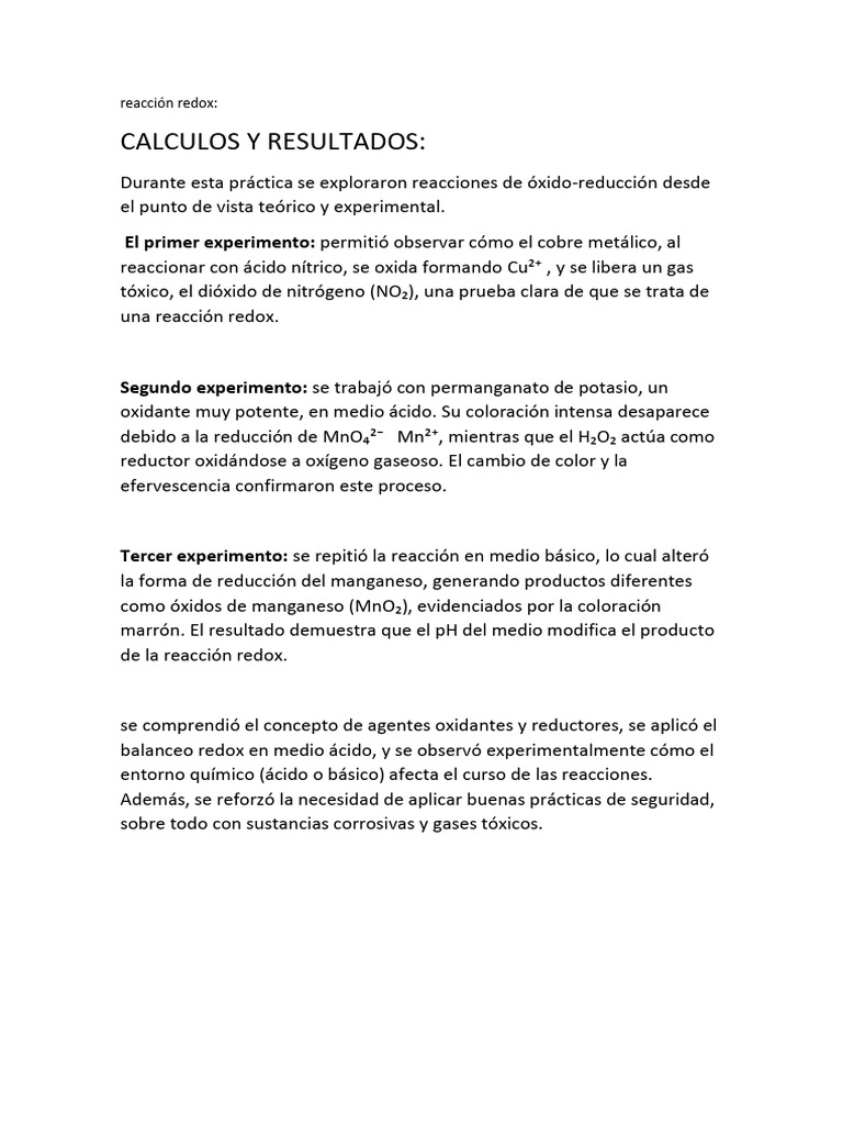 Reacción Redox - Calculos y Resultados | PDF