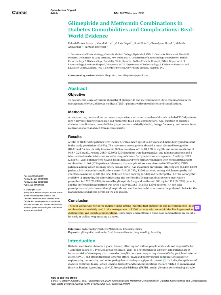 Glimepiride and Metformin in T2DM Management | PDF | Diabetes ...