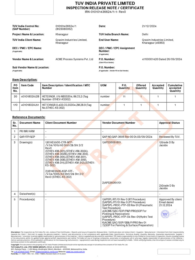 TUV India Inspection Release Note | PDF | Nondestructive Testing ...