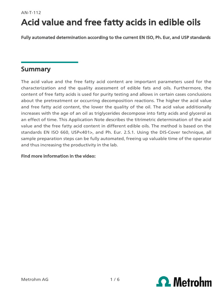 Automated Acid Value in Edible Oils | PDF | Titration | Chemistry