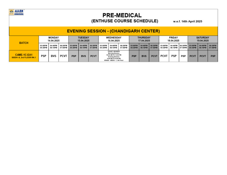 Pre-Medical Enthuse Course Schedule | PDF