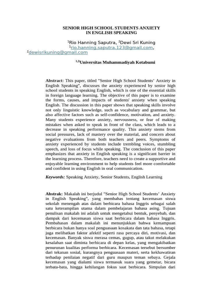 Anxiety in Senior High English Speaking | PDF | Anxiety | Fluency