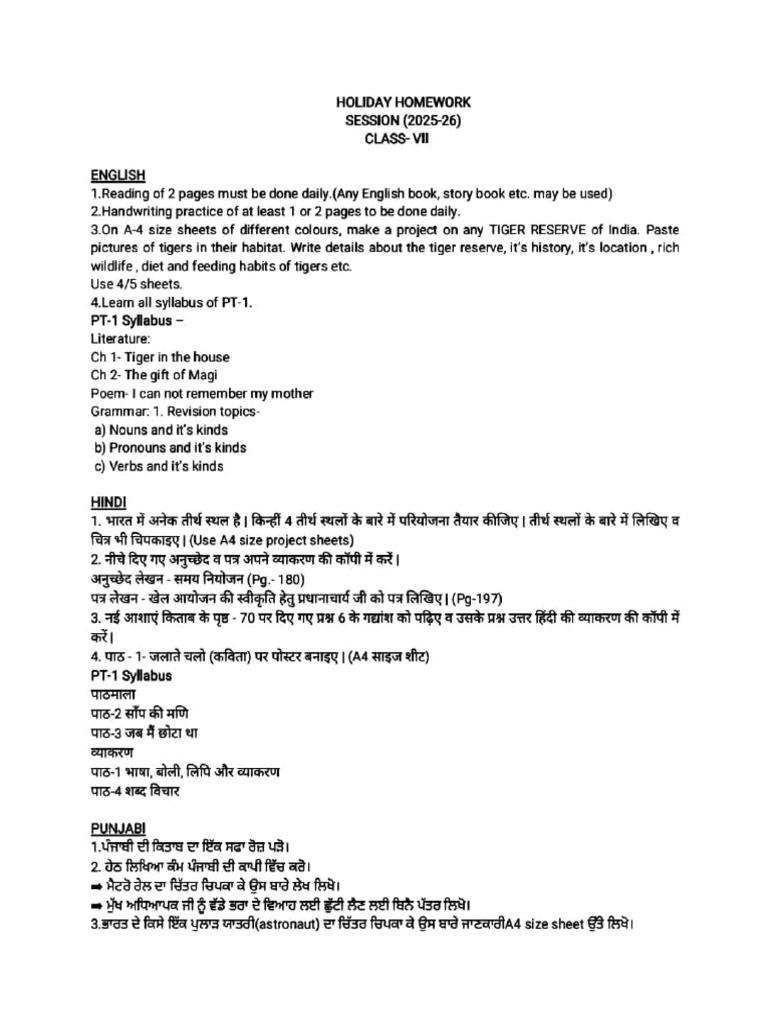 Class VII Holiday Homework Guide | PDF