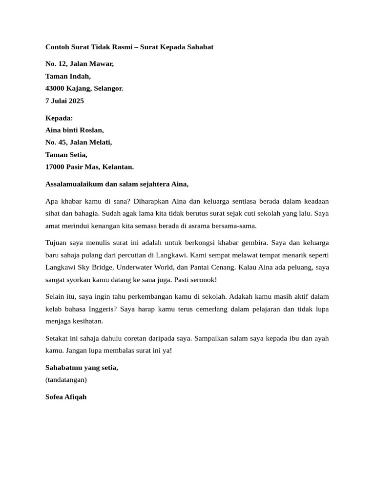 Contoh Surat Tidak Rasmi kepada Kawan | PDF