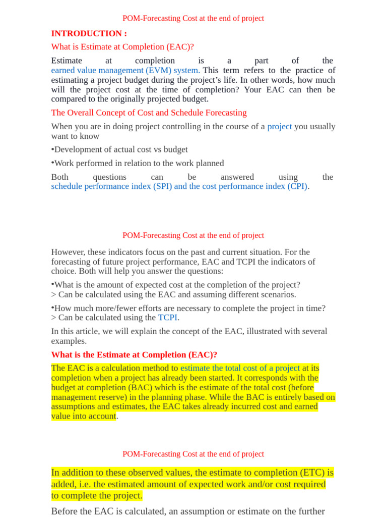 EAC Calculation Methods in Project Management | PDF | Statistical Theory