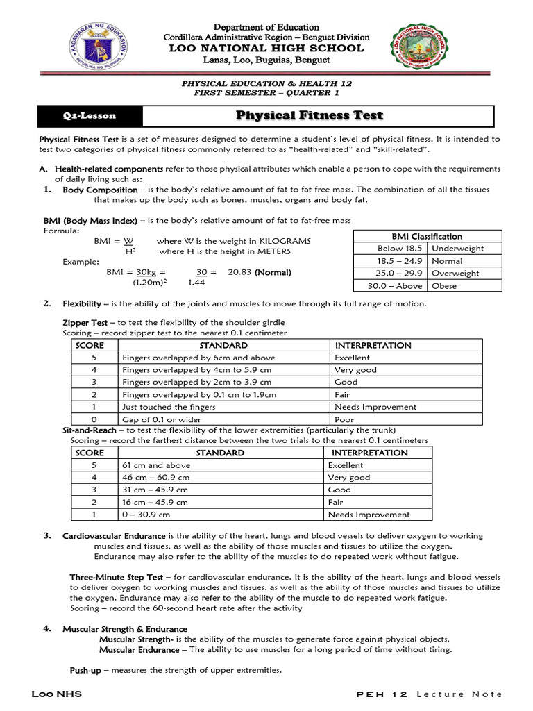 Physical Fitness Test Guidelines for PE12 | PDF | Body Mass Index | Obesity