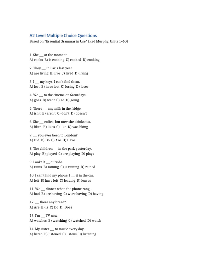 A2 Level Grammar MCQs with Answers | PDF | Chess | Chess Theory