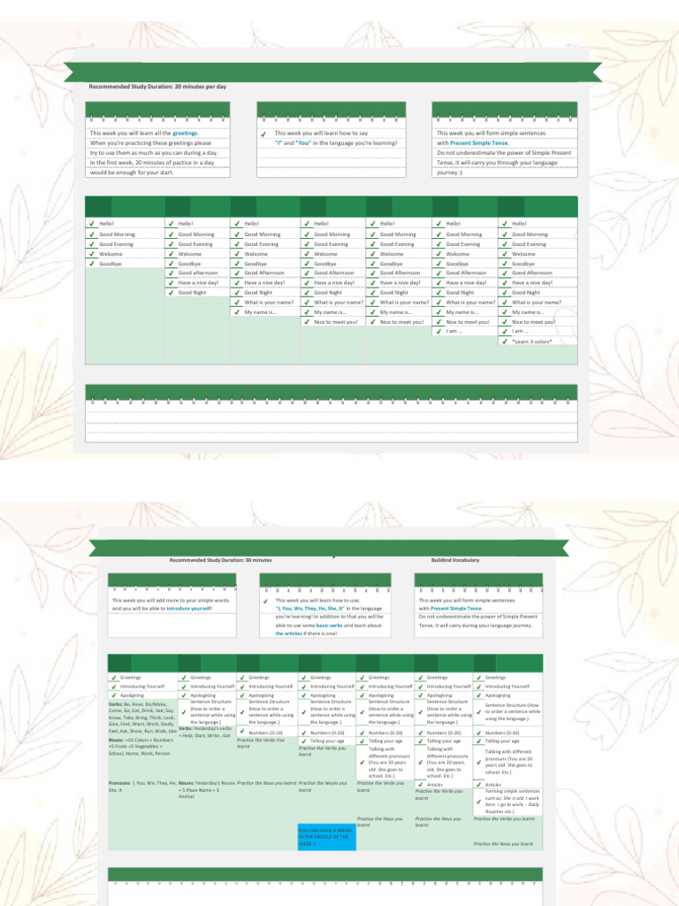 10-Week Language Learning Plan | PDF | Adjective | Verb