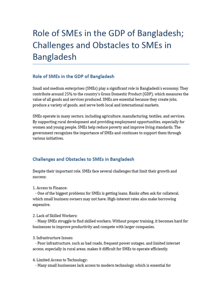 Role of SMEs in GDP of Bangladesh Challenges and Obstacles | PDF ...