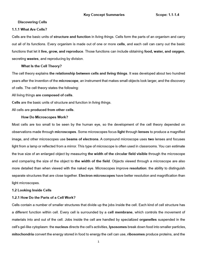 G8 Key Concept Summaries 1.1-1.4 Answer Key | PDF | Cell (Biology ...